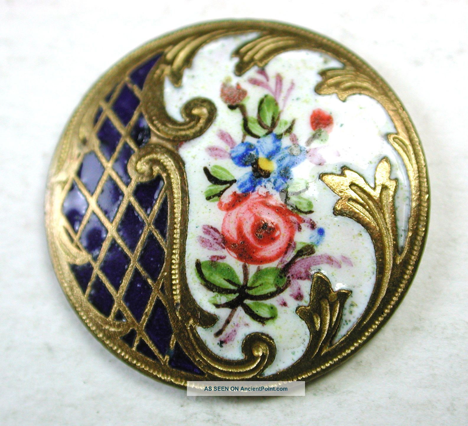 Antique French Enamel Button Paris Back Hand Paint Flowers & Diamond Details Buttons photo