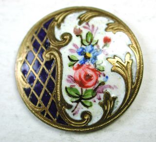Antique French Enamel Button Paris Back Hand Paint Flowers & Diamond Details photo