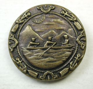 Antique Brass Button 3 Men Rowing Sculling Sun W Rays & Anchor/paddle Border photo