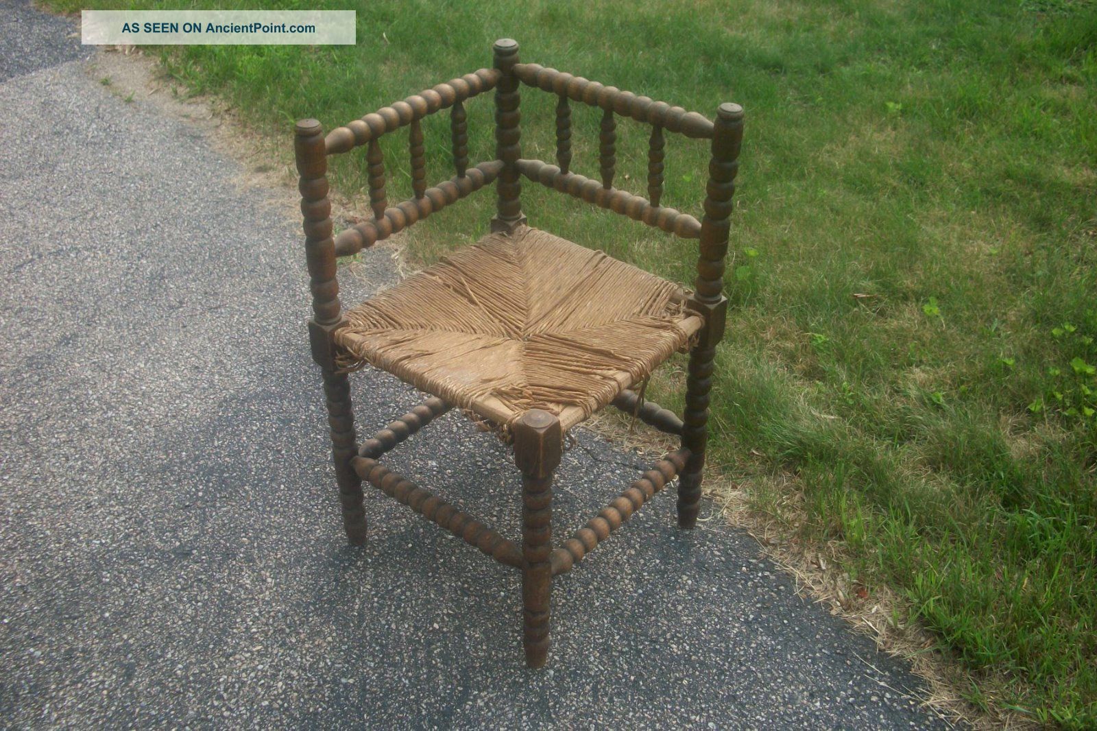 Antique Vintage French Dark Twisted Wood Corner Chair Rush Seat 1900-1950 photo