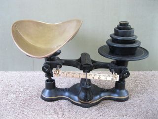 Antique Scale Primitive Cast Iron Brass Tray & Bar Orig Paint 5 Matching Weights photo