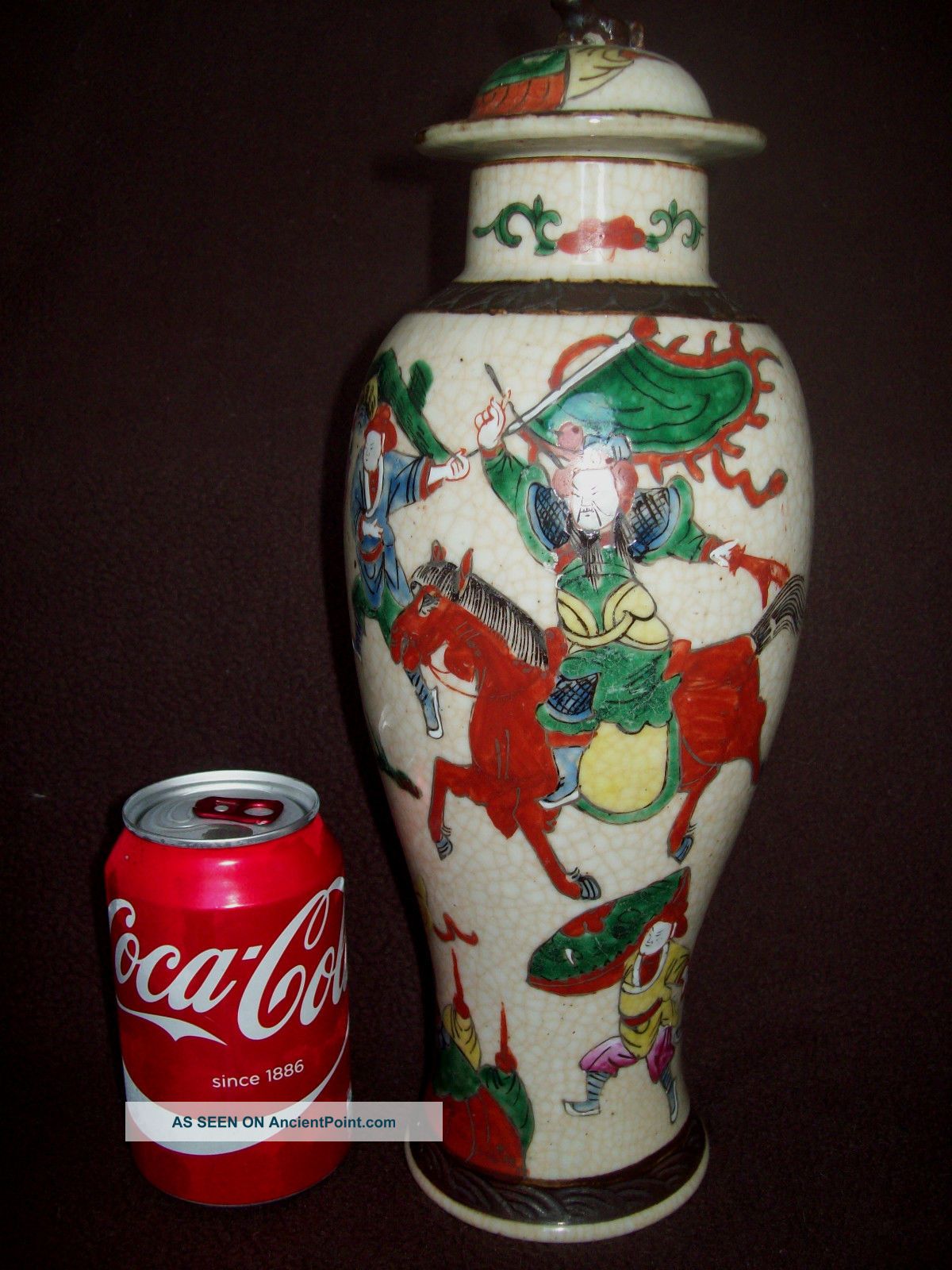 Large 33cm Chinese 20th C Chenghua Famille Verte Rose Crackle Warrior Vase Lid 1 Vases photo