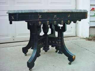 Antique Victorian Eastlake Dark Marble Top Table Ebonized Wood Stenciled Gilt photo