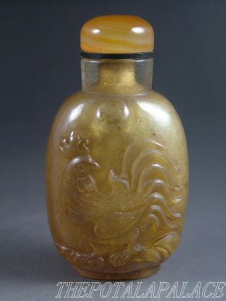Fine Old Chinese Crystal Carved Snuff Bottle Rooster Singing For A Bright Day photo