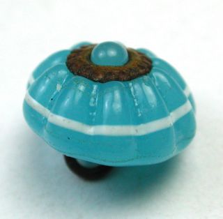 Antique Charmstring Button Turquoise W/ Ome Brass Ring & White Band Accent Sw Bk photo