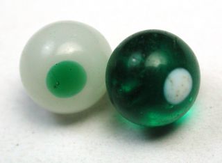 2 Antique Charmstring Buttons Dimi Sz Milk & Green Balls W/ Dots - Swirl Back photo