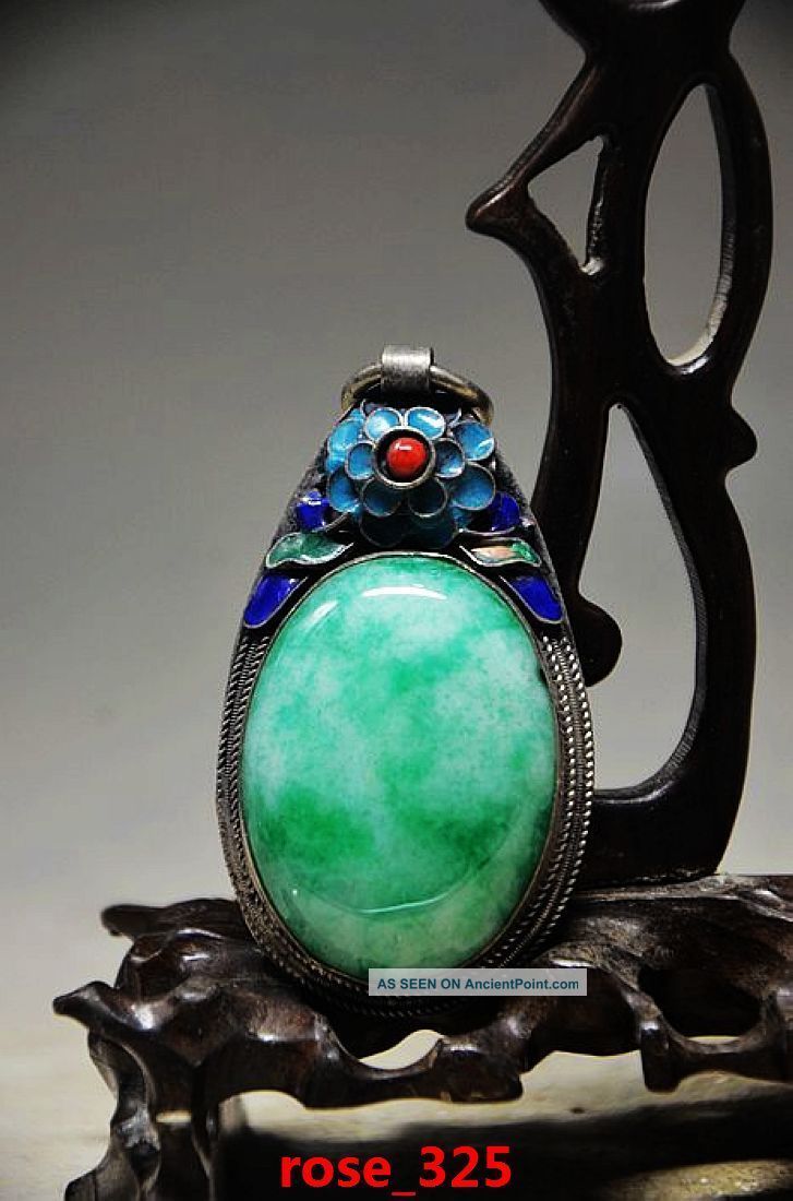 Chinese Old Collectible Handwork Green Jade Cloisonne Flower Wonderful Pendant Necklaces & Pendants photo
