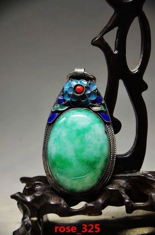Chinese Old Collectible Handwork Green Jade Cloisonne Flower Wonderful Pendant photo