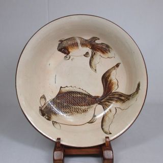 E168: Rare Japanese Old Seto Pottery Ware Bowl With Tasty Goldfish Painting. photo