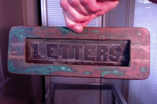 Antique Vintage Victorian 1920s Weathered Brass Letters Door Mail Box Slot photo