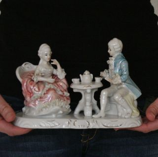 Dresden Style Porcelain Figurine Couple At Table Collectors Item Vintage photo
