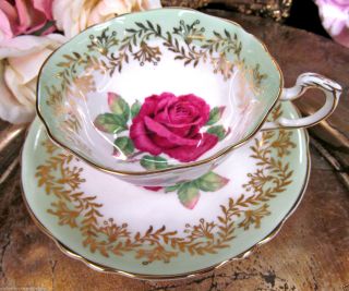 Paragon Tea Cup And Saucer Large Center Rose Lime Green Band Pattern Teacup photo