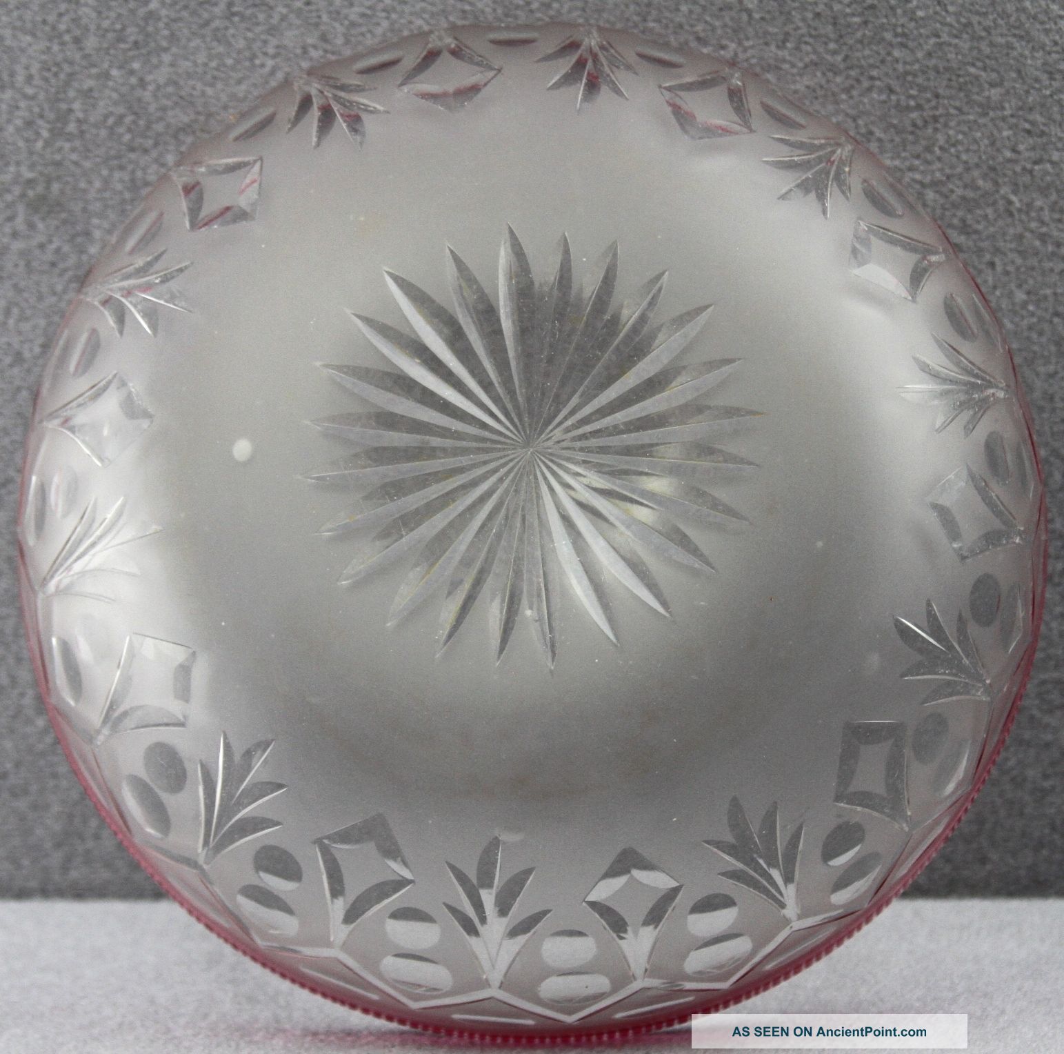 Estate - Antique Frosted Glass Bowl Cut To Clear With Cranberry Flash Ribbed Rim Bowls photo
