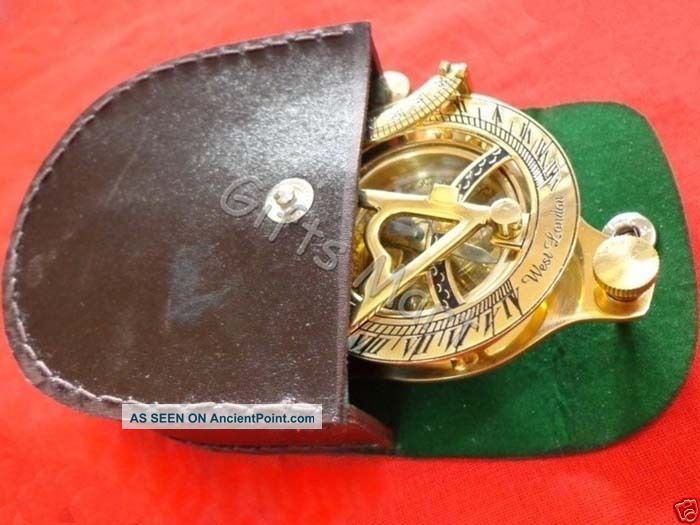 Brass Sundial Compass W/ Leather Case Pirate Nautical Antique Sun Dial Compass Telescopes photo