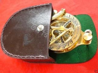 Brass Sundial Compass W/ Leather Case Pirate Nautical Antique Sun Dial Compass photo