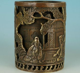 Chinese Old Bronze Hand Carved Play Chess With Brush Pot Collectible photo