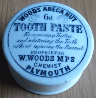 Advertising Printed Tooth Paste Pot Lid & Base.  Woods Areca Nut Chemist Plymouth photo