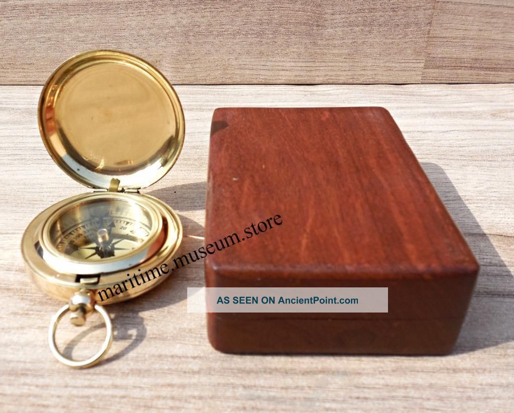Handmade Brass Push Button Direction Pocket Compass With Wooden Box. Compasses photo