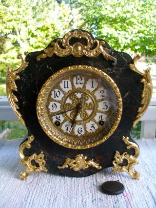 1897 - 1912 Ingraham Marbleite No.  2 Black Mantle Clock,  Restored,  Cathedral Gong photo