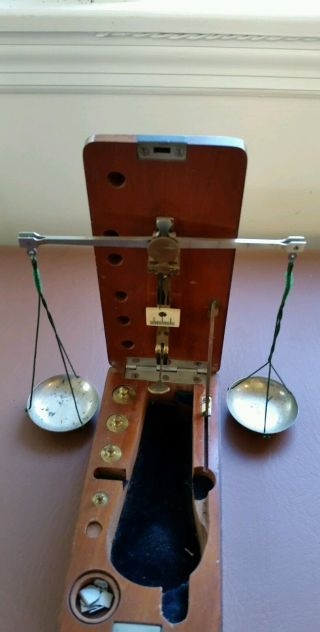 Antique Kohl Busch Miniature Gold Jewelers Apothecary Scale Portable Wood Case photo