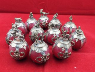 Old Decorated Handwork Inlay Tibet - Silver Dragon 12 Zodiac Red Jade Ball Statue photo