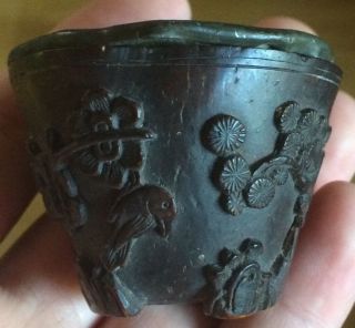 Antique Chinese Carved Wood Cup Signed photo