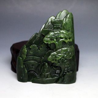 Hand - Carved Natural Green Hetian Jasper Statue W Old Man & Pine Tree photo
