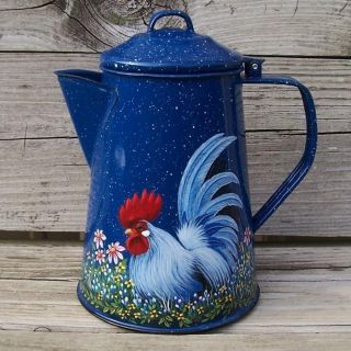 Blue Splatterware Enamel Coffee Pot Hp Rooster Art Handpainted Trish Mcmurry photo