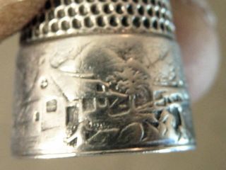 Antique Victorian Sterling Sewing Thimble Mountain Lodge Scene On Thimble photo