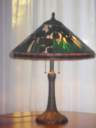 Antique Heavy Metal Lamp Base Hubbell Sockets Vintage Stained Glass Shade photo