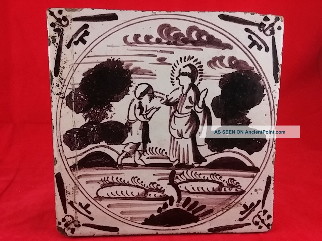 Antique Dutch Delft Biblical Tile Circa 18th Century Other Antique Ceramics photo