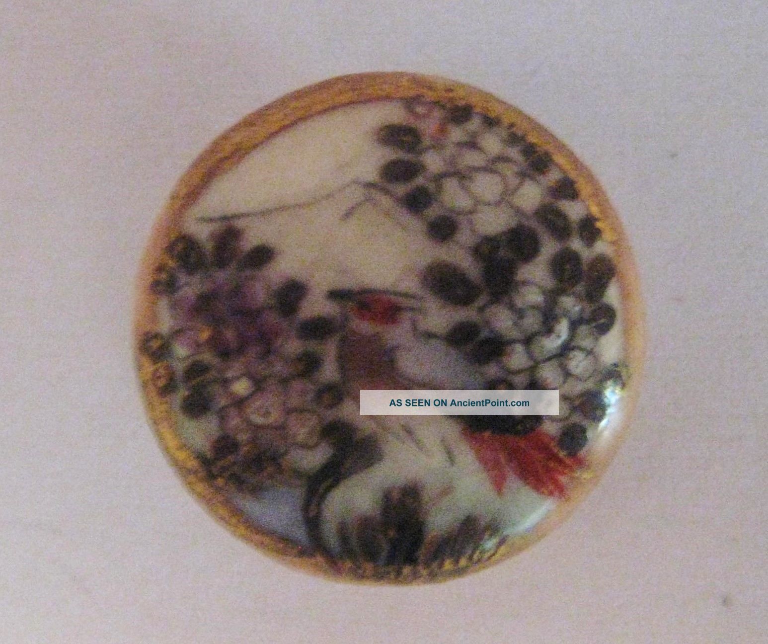 Antique Japanese Satsuma Button Of Bird & Flora Signed Gold Border Buttons photo