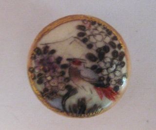 Antique Japanese Satsuma Button Of Bird & Flora Signed Gold Border photo