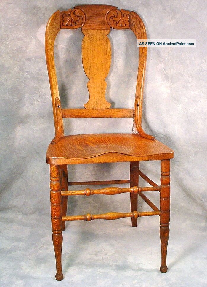 Antique Oak Wood Dining Chair Carved Back Wood Seat 1900-1950 photo