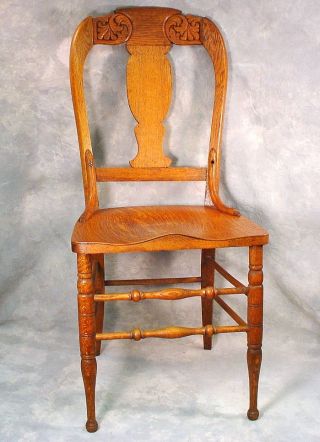 Antique Oak Wood Dining Chair Carved Back Wood Seat photo