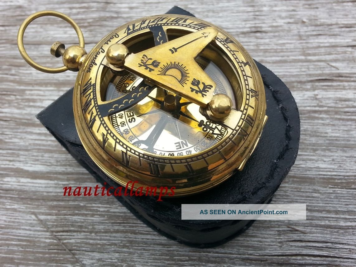 Nautical Handcrafted Collectible Brass Sundial Lid Compass With Leather Cover Compasses photo