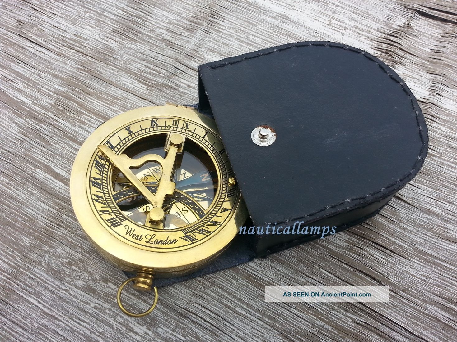 Maritime Dollond London Nautical Brass Sundial Compass Brass W Leather Box Compasses photo
