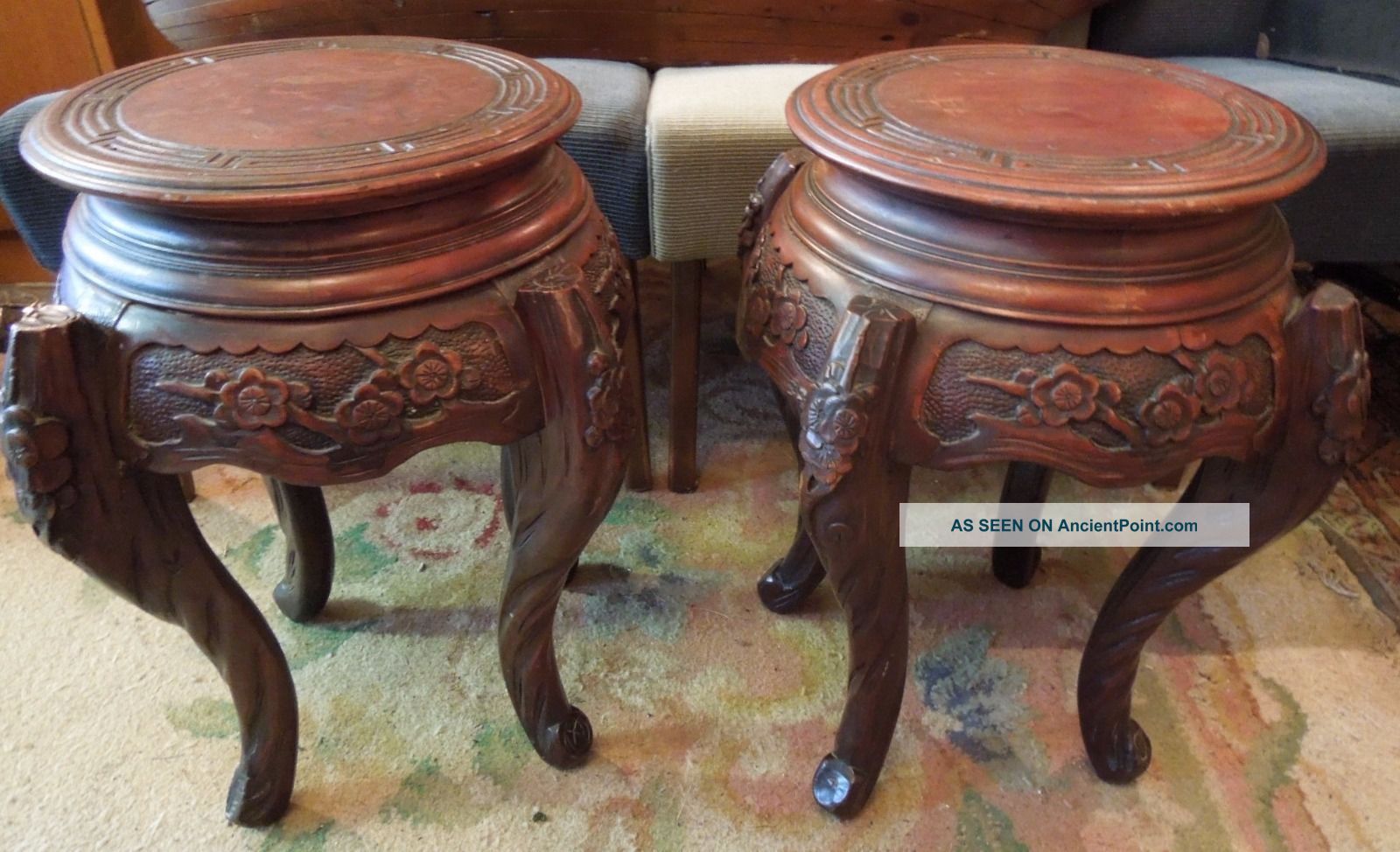 Antique Chinese/japanese Urn Stands,  Carved Hardwood Tables photo