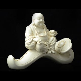 China Dehua Porcelain Happy Laugh Maitreya Buddha Hold Yuanbao Wishful Statue photo
