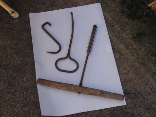 3 Farm Primitive Tools 1 Inch Barn Auger / Drill Forged Meat Hook & Hay Hook photo