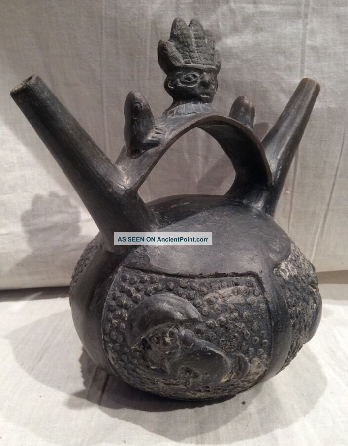 Chimu Pre Columbian Lambayeque Pottery Stirrup Vessel Maize God 700ad - 1350 Ad The Americas photo