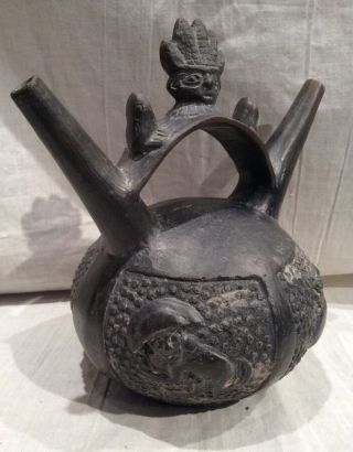 Chimu Pre Columbian Lambayeque Pottery Stirrup Vessel Maize God 700ad - 1350 Ad photo
