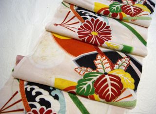 Japanese Kimono Silk Fabric Vintage Scrap Of Cloth Antique Flower/fan/pink 2211b photo