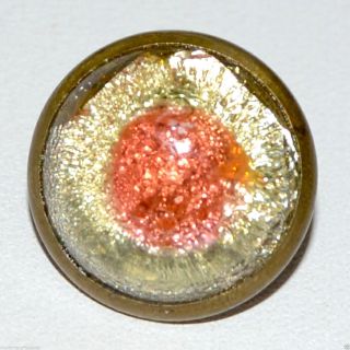 19th C Peacock Eye Foil 2 Colors Pink Yellow Glass Dome Button Brass Back 1/2 