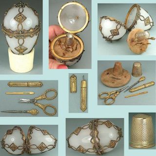 Antique Glass Egg Sewing Etui W/ Gilded Tools & Thimble French Circa 1850 photo