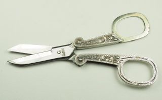 Vintage Estate Folding Scissors Silver Japan Etched photo