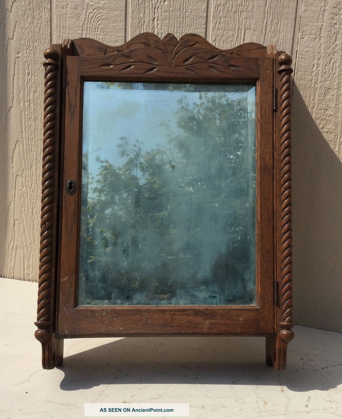 Fine Antique Carved Oak Apothecary Cabinet W Beveled Glass Mirror 1900-1950 photo