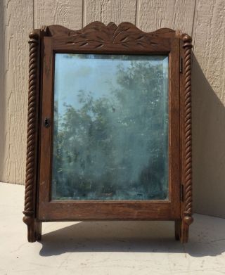Fine Antique Carved Oak Apothecary Cabinet W Beveled Glass Mirror photo