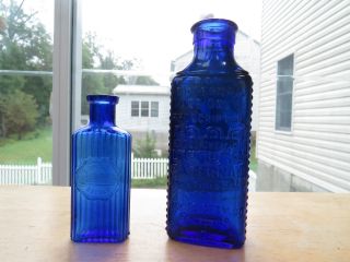 Two Antique/vintage Unusual Cobalt Blue Poison Bottles Collectibles photo