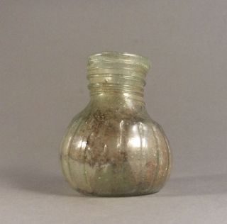 Roman Green Glass Jar Bottle Vessel With Decorative Trail And Vertical Ribs photo